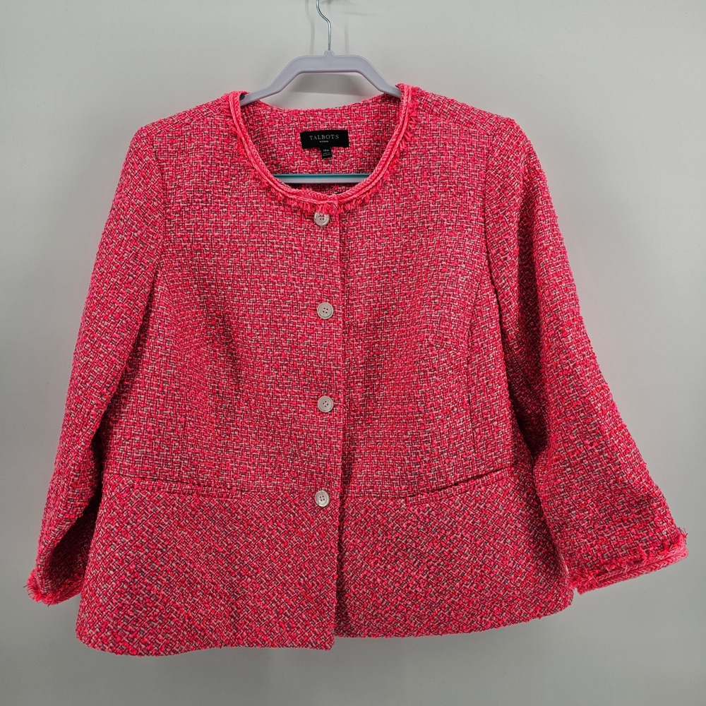 Talbots Tweed Jacket Womens 14W Pink Fringe Trim Peplum Button Front Blazer